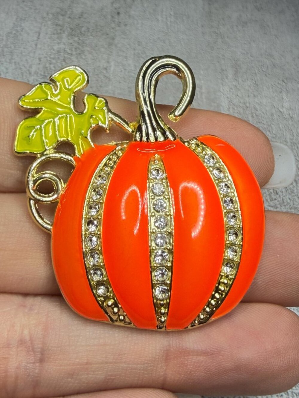 Pumpkin Brooch Glossy Enamel with Rhinestones 2 inches